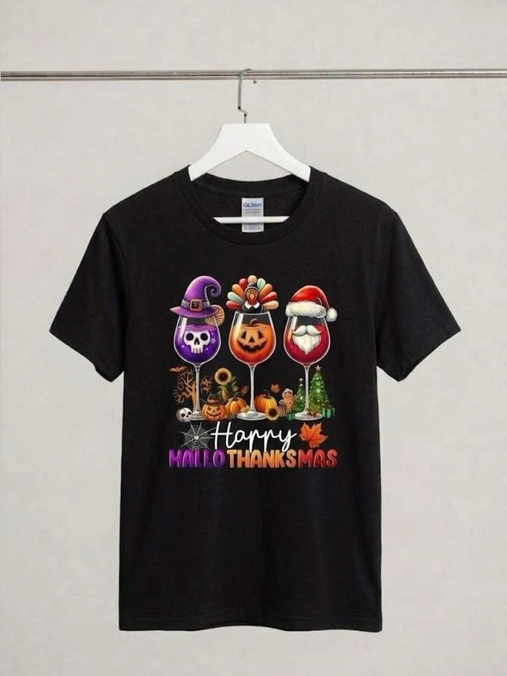 Happy Hallothanksmas T-Shirt Wine Glasses Halloween Thanksgiving Christmas Tee